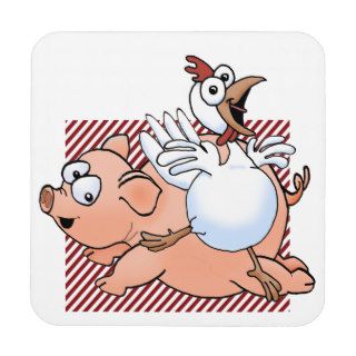 Cartoon chicken and pig jumping. beverage coasters