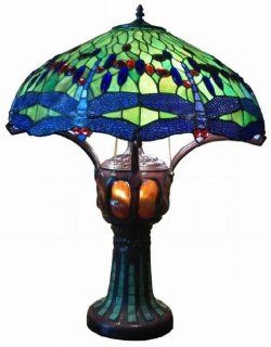 Green Handmade Dragonfly Tiffany Style Stained Glass Table Lamp Lamps with Lit Base TLL012 3 Bulbs   Small Stained Glass Table Lamps  