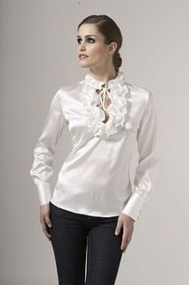 silk frill collar blouse with tie ups by the shirt company