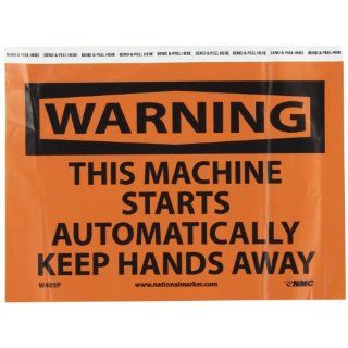 NMC W403P OSHA Sign, Legend "WARNING   THIS MACHINE STARTS AUTOMATICALLY KEEP HANDS AWAY", 10" Length x 7" Height, Pressure Sensitive Vinyl, Black on Orange Industrial Warning Signs