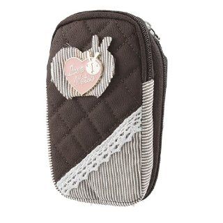Heart Detail Brown Striped Zipper Closure Double deck Phone Pouch Bag for Ladies Cell Phones & Accessories
