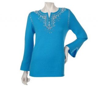 Quacker Factory Simulated Pearl Embellished Split Cuff Tunic Sweater —
