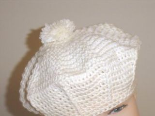 B403i, Hand Crocheted Very Soft Ivory Bebe' Lang Wool Beret with Pom Pom Clothing