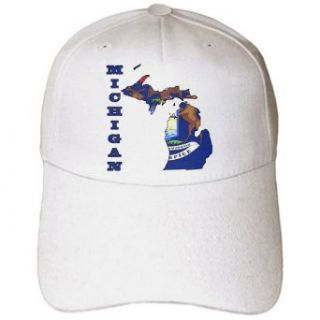 Michigan state flag in the outline map and letters for Michigan   Adult Baseball Cap Clothing