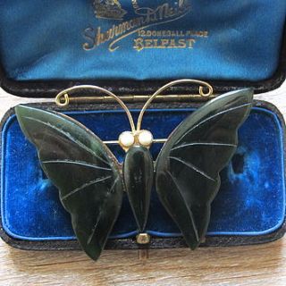 vintage art deco carved jade butterfly brooch by ava mae designs