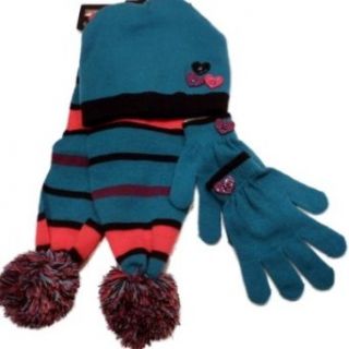ABC Girls Turquoise Purple Pink Stripe Scarf Gloves Hat Set Clothing