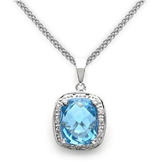 18k White Gold Cushion Cut Blue Topaz and Diamond Pendant Jewelry
