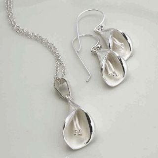 silver calla lily necklace and earrings set by martha jackson