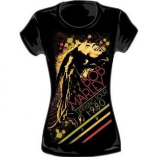 Bob Marley   Uprising Tour 1980 Womens T Shirt in Black, Size XX Large, Color Black Music Fan T Shirts Clothing