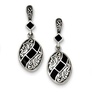 Sterling Silver Black Synthetic Stone Antiqued Dangle Post Earrings Jewelry