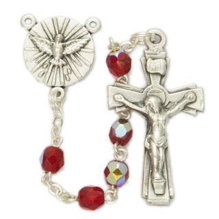 5mm Red Crystal Rosary Beads with Silver Plated Crucifix and Dove Center Children's Religious Jewelry Confirmation Gifts Jewelry