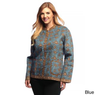 La Cera La Cera Womens Plus Size Quilted Floral print Mandarin Collar Jacket Blue Size 1X (14W  16W)