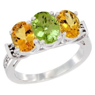 10K White Gold Natural Peridot & Citrine Sides Ring 3 Stone Oval Diamond Accent, sizes 5   10 Jewelry