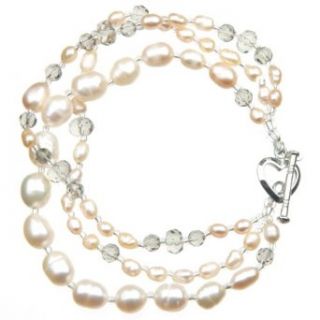 7.5" Triple Line Pink Freshwater Pearl and Crystal Bracelet with a Toggle Clasp Clothing