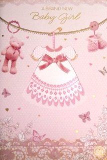 Large Sized Cream & Pink "A Brand New Baby Girl" Greetings Card   With Foil & Glitter Embossed Dress, Booties, Flowers & Bear (23cm X 15cm) Baby