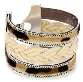 Streets Ahead Multi Strand Leopard Print with Silver Tone Chain and Braid Cuff Bracelet Jewelry