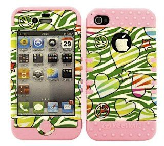 3 IN 1 HYBRID SILICONE COVER FOR APPLE IPHONE 4 4S HARD CASE SOFT LIGHT PINK RUBBER SKIN ZEBRA PEACE XPK TE427 KOOL KASE ROCKER CELL PHONE ACCESSORY EXCLUSIVE BY MANDMWIRELESS Cell Phones & Accessories