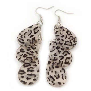 Black/Grey Resin 'Snow Leopard Print' Teardrop Earrings In Silver Plating   9cm Length Dangle Earrings Jewelry