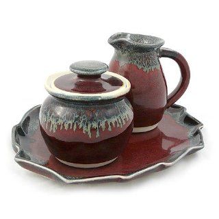Mahogany Slate Handmade Pottery Collection 3 Piece Cream and Sugar Serving Set with Tray Kitchen & Dining