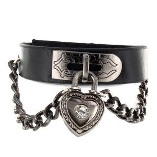 Black Leather Cubic Zirconia Heart Lock and Chain Bracelet West Coast Jewelry Men's Bracelets