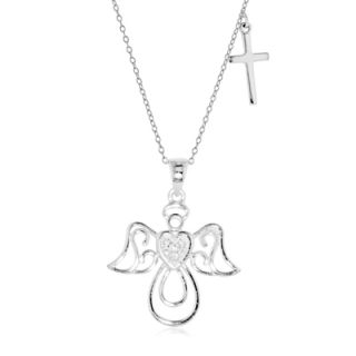 Diamond Accent Angel with Offset Cross Pendant in Sterling Silver
