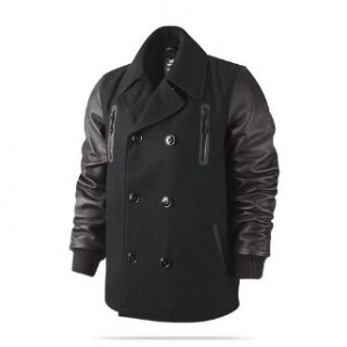 Nike Men's Lebron James Wool Leather Peacoat Jacket Coat Black Large Sports & Outdoors