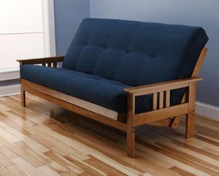Andover Full Size Futon Sofa Bed, Honey Oak Wood Frame, Suede Innerspring Mattress, Navy   Daybed Frames Wood