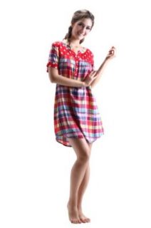 Colorfulworldstore Women's Short Sleeve Cotton Grid Print Sleepwear Dress