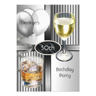 50th Birthday Party Mens Drinks Balloons Silver Invite