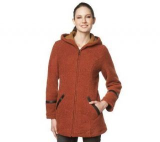 Susan Graver Boucle Fleece Zip Front Coat w/ Faux Leather Trim —