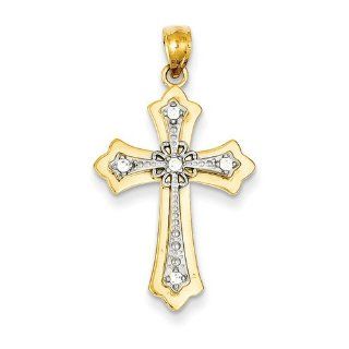 14k 0.05ct Gold Rhodium Plated Diamond Accented Fleur de Lis Cross Pendant Jewelry