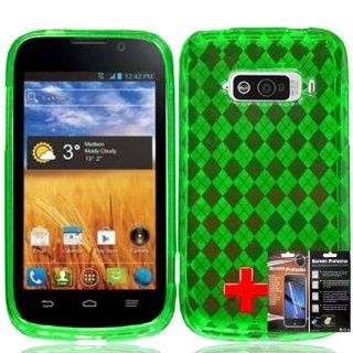 ZTE Imperial N9101 (US Cellular) One Piece TPU Rubber Fitted Mold Case Cover, Plaid Green Pattern + LCD Clear Screen Saver Protector Cell Phones & Accessories