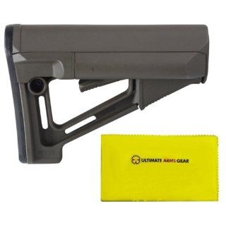 Magpul Industries MAG 471 STR Commercail Com   Spec OD Olive Drab Green Buttstock Stock with Rubber Butt Pad, Cheek Weld Rest and Two Water Resistant Battery Tubes + Ultimate Arms Gear Rifle/Shotgun/Pistol/Gun Care and Reel Silicone Lubricated Cleaning Clo
