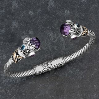 18k Yellow Gold and Sterling Silver Amethyst Multi gemstone Cawi Cuff Bracelet (Indonesia) Bracelets