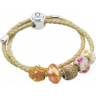 Persona Cream Leather Bracelet with Five Beads and Sterling Silver