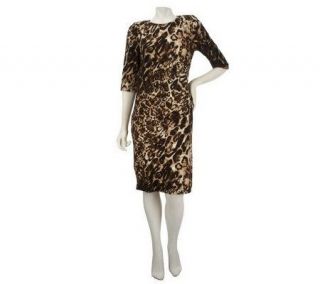 Dennis Basso Leopard Print Elbow Sleeve Dress with Pleating Detail —