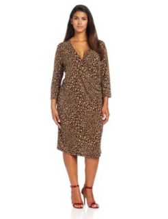 Jones New York Women's Plus Size 3/4 Sleeve Faux Wrap Dress, Camel/Chocolate, 3X