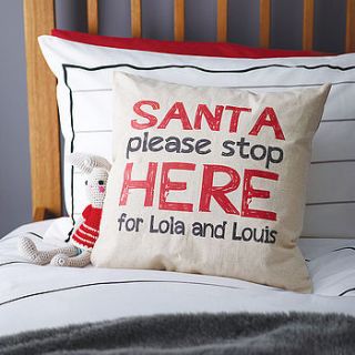 personalised 'santa stop' linen cushion by tillyanna
