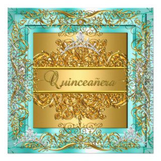 Quinceañera 15th Birthday Gold Teal Silver Tiara Personalized Invitations