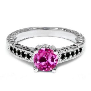 1.17 Ct Round Pink Created Sapphire and Black Diamond 925 Sterling Silver Ring Jewelry