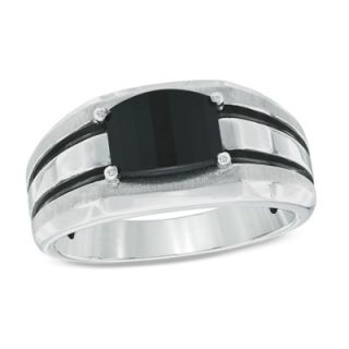 Mens Barrel Cut Onyx Comfort Fit Ring in Sterling Silver   Size 10