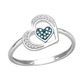 Enhanced Blue and White Diamond Accent Tilted Double Heart Ring in