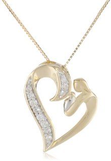 Women's 10k Yellow Gold Diamond Mom and Baby Heart Pendant Necklace (1/10 cttw, I J Color, I1 I2 Clarity), 18" Jewelry