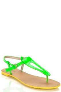 Qupid Athena 491 Patent Cut Out Flat Sandal Neon Green Shoes