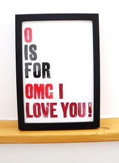 'omg i love you' alphabet print by durnall designs