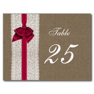 FAUX Burlap and pink lace wedding table numbers Postcard