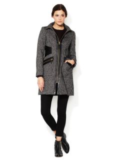 Tweed Coat with Faux Leather Combo by Via Spiga