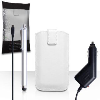 Nokia Asha 502 Case White PU Leather Caseflex Auto Return Pull Tab Pouch Cover With Stylus Pen And Car Charger Cell Phones & Accessories