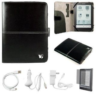 Black Protective Leather Portfolio Case with Accessory Slots for Sony PRS 650 Touch Edition Wireless e Reader + INCLUDES Clear Screen Protector for SONY PRS650 Touch Edition 6 inch Display Screen + INCLUDES White Rapid Travel Wall Charger with IC Chi