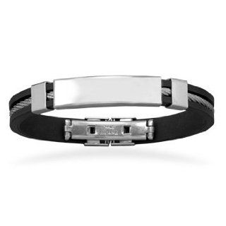 Mens Cable and Rubber Bracelet 316L Stainless Steel with ID Plate   Engraving Included Jewelry